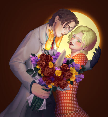 Full render art with two characters and simple background/lighting