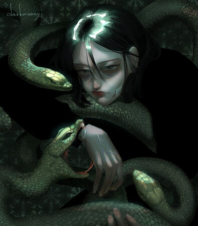 Full render portrait with simple background and additional elements (snakes)
